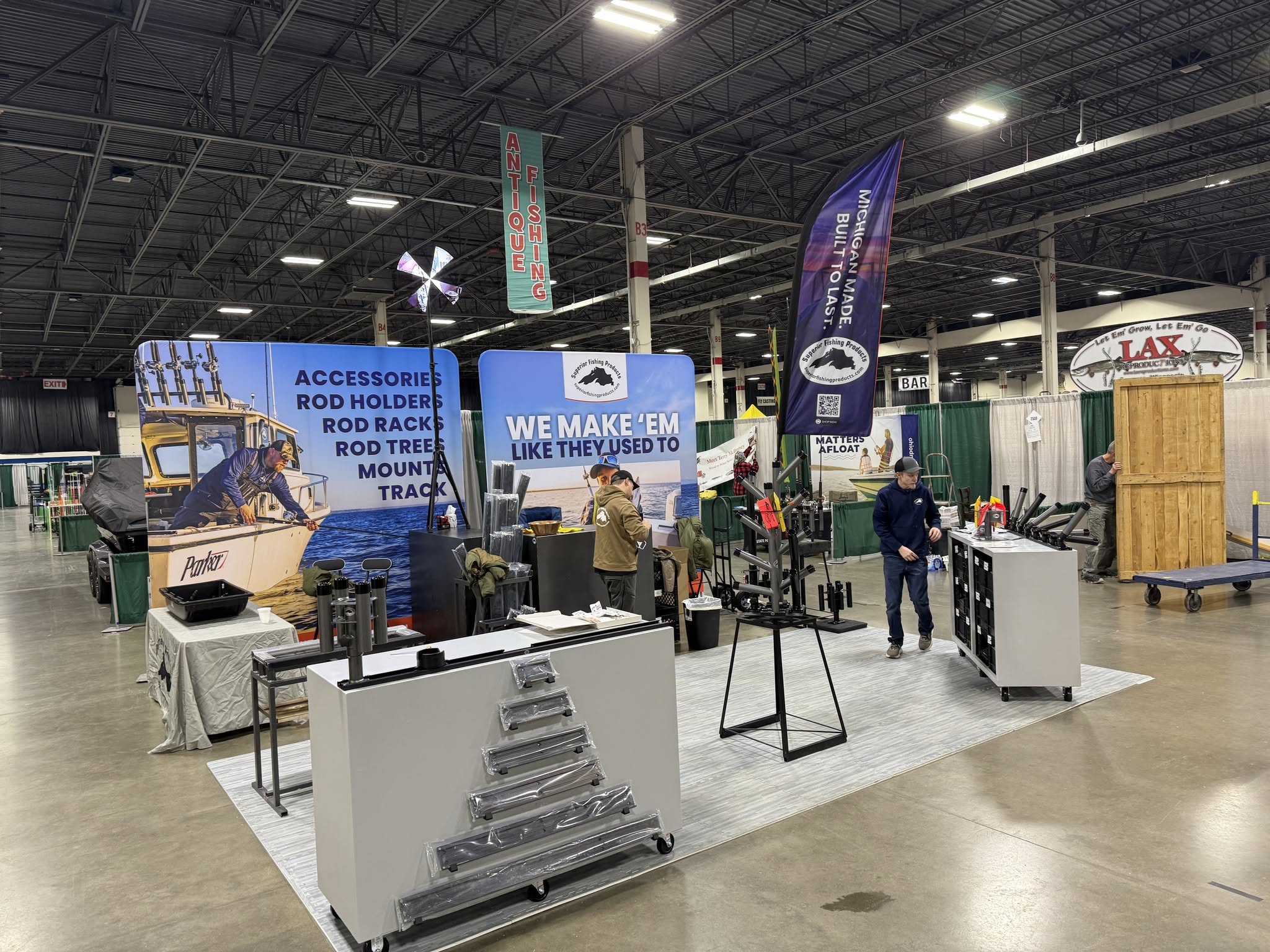 Superior Fishing Products display and equipment setup at a sport show